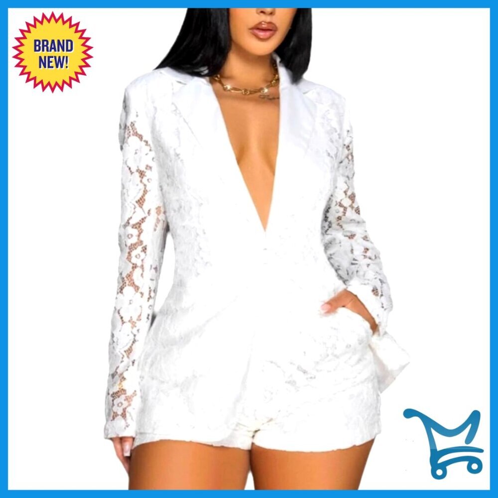 Lace Blazer Shorts Set Business Casual Chic Two Piece Outfit Sheer Sophisticated